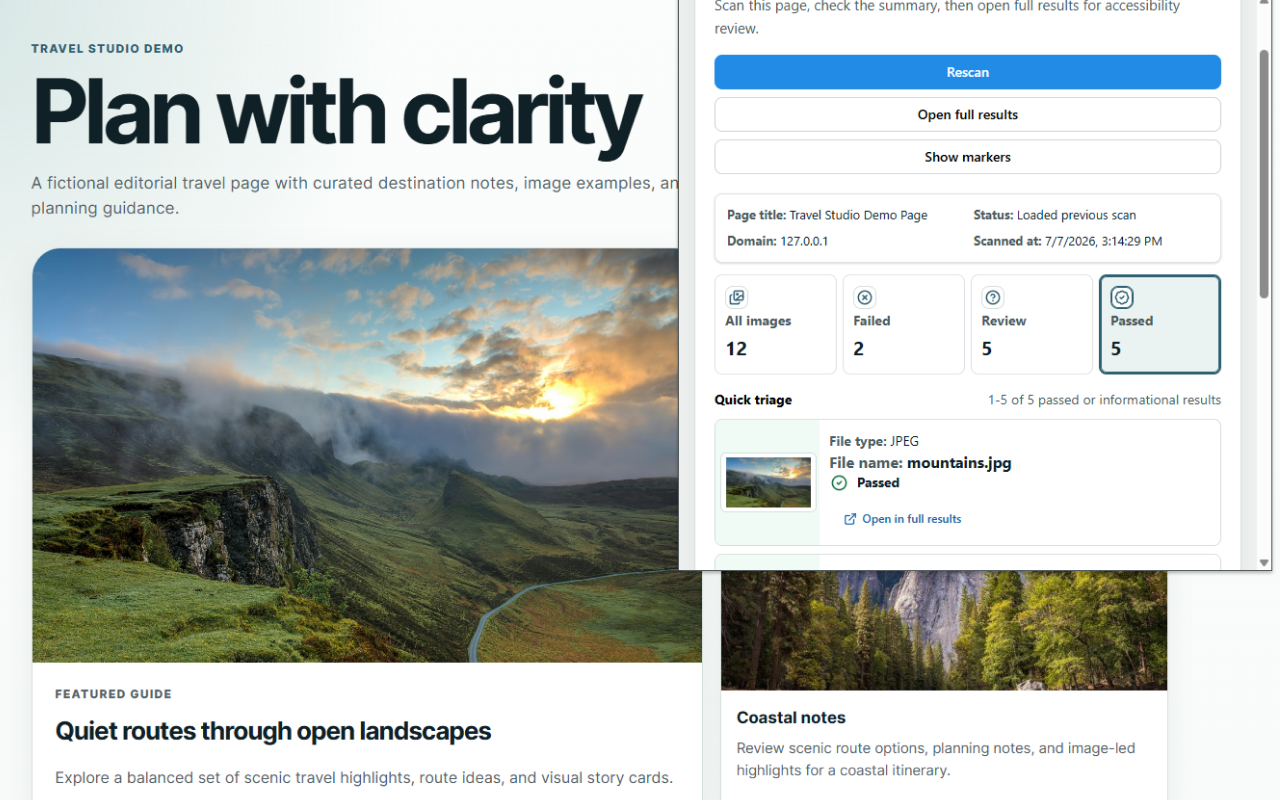 ART reviewing a sample travel page, with scan controls and image accessibility results.